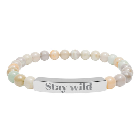 Engraved Natural Stone Bar Bracelet — "Stay Wild" Stretch Beaded Bracelet