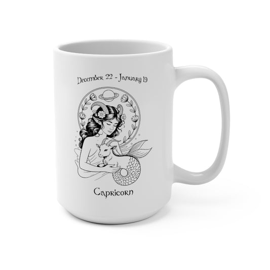 Capricorn Zodiac Goddess Mug with celestial sea-goat design and December 22 - January 19 dates

