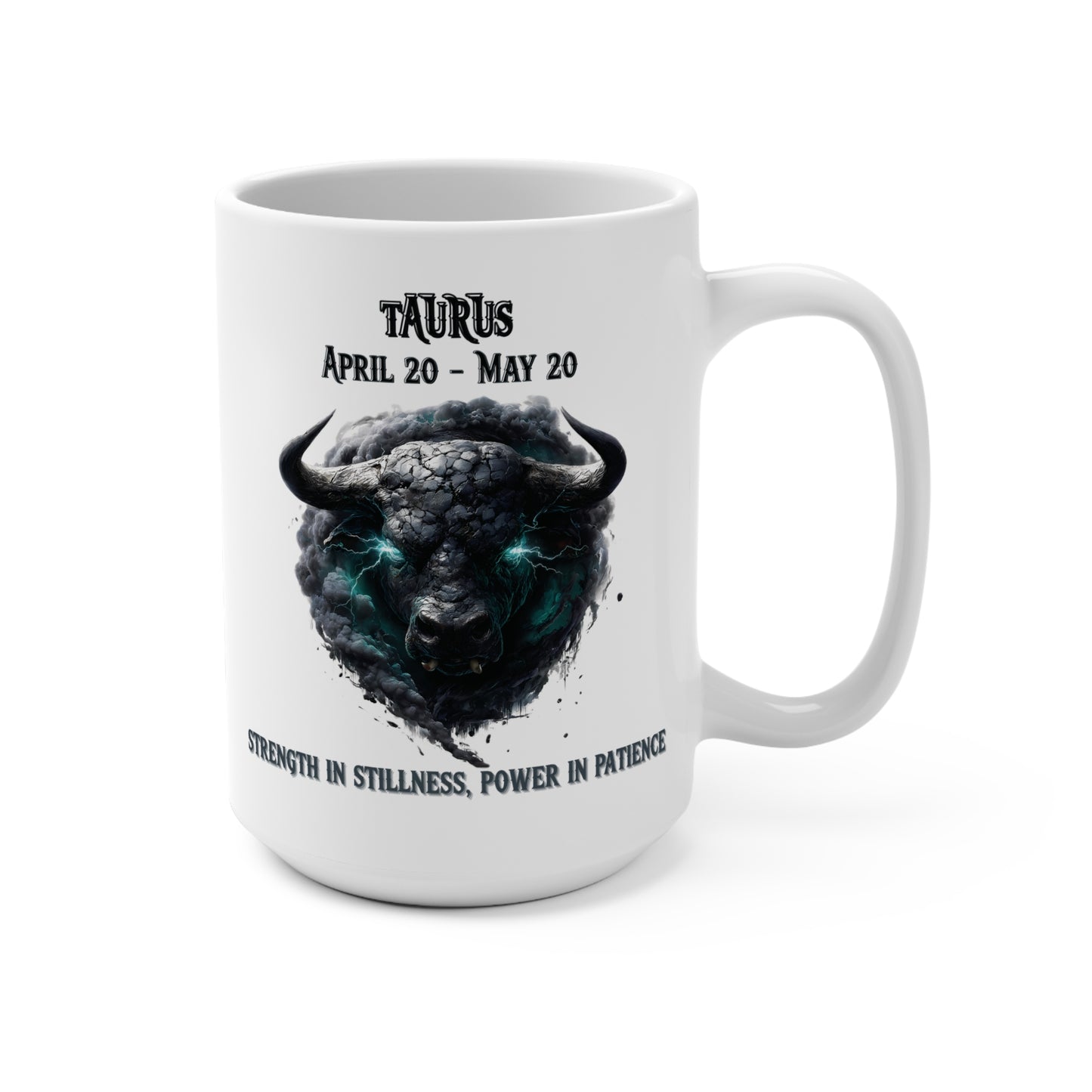 White mug with Taurus zodiac design and text on a white background