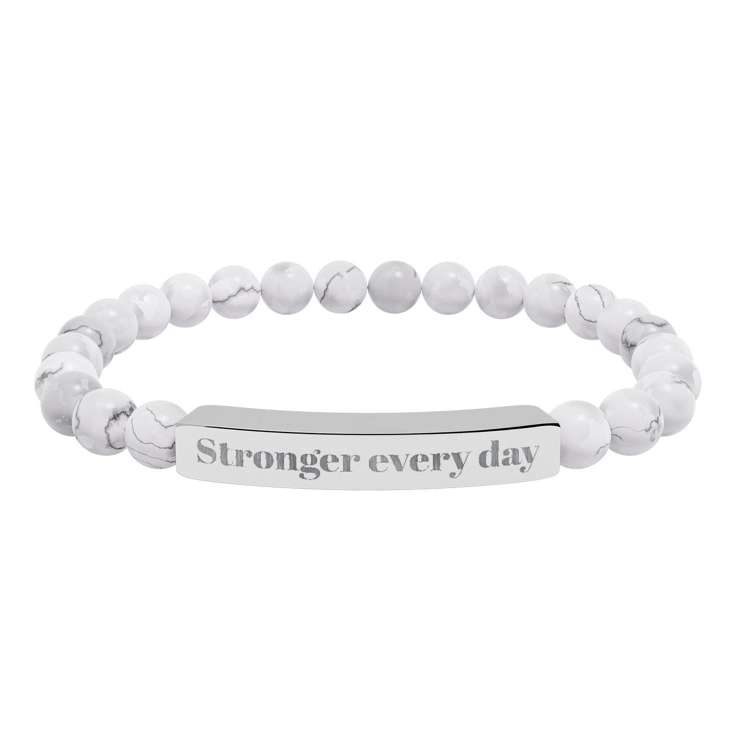 Engraved Natural Stone Stretch Bracelet — 'Stronger Every Day' Beaded Bar Bracelet