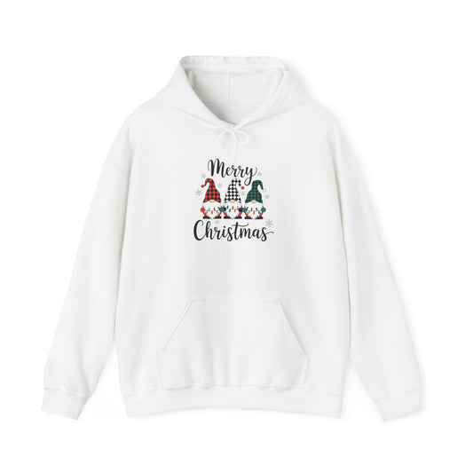 Embroidered Merry Christmas Gnomes Hoodie — Festive Plaid Holiday Pullover