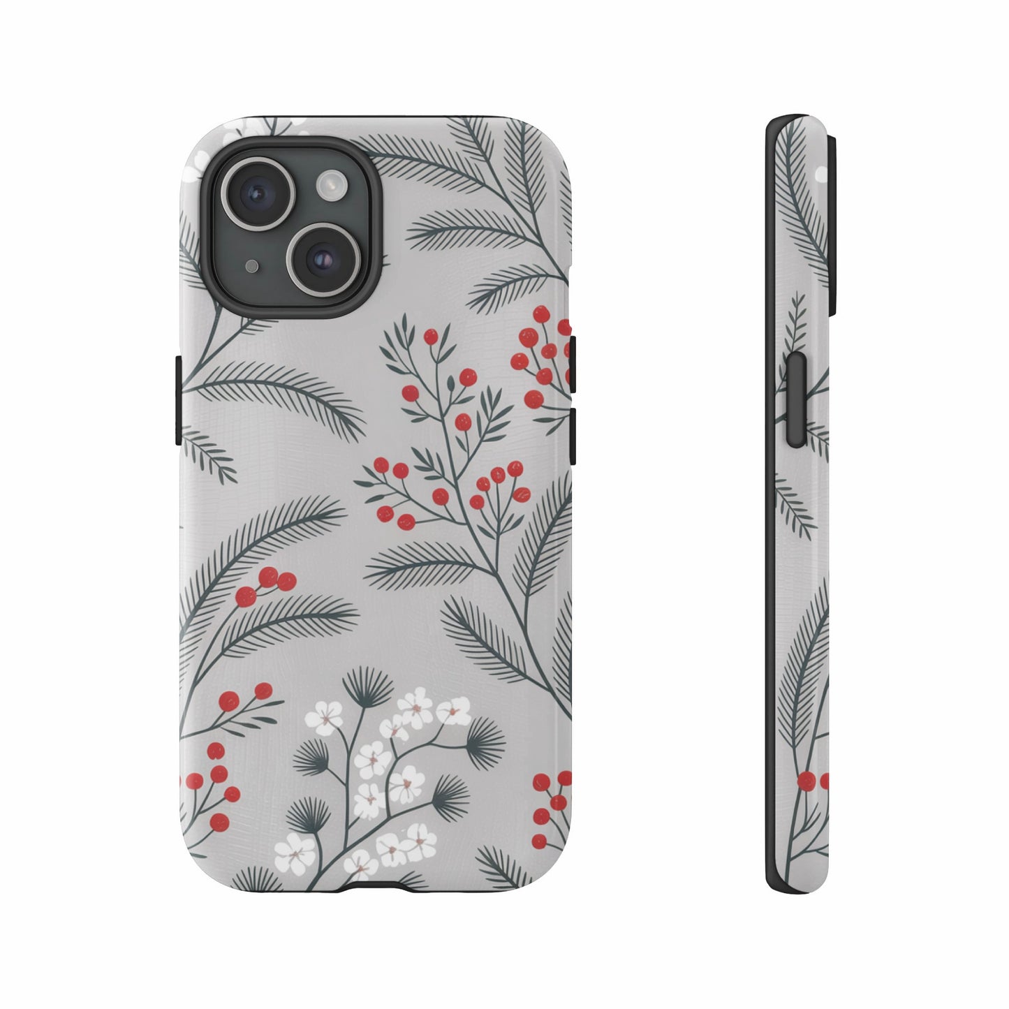 Phone case with a grey background and a red berry and white flower botanical pattern.