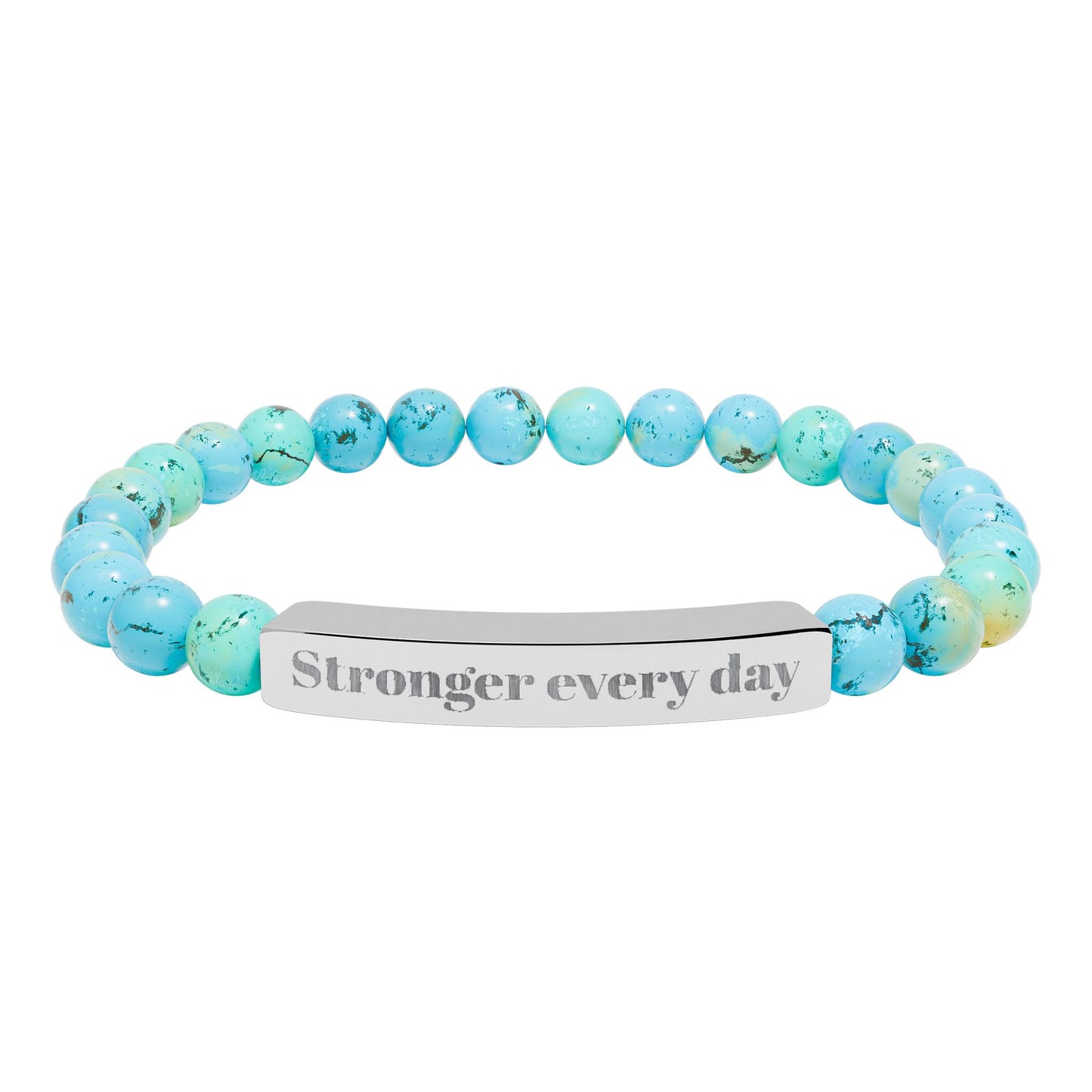 Engraved Natural Stone Stretch Bracelet — 'Stronger Every Day' Beaded Bar Bracelet