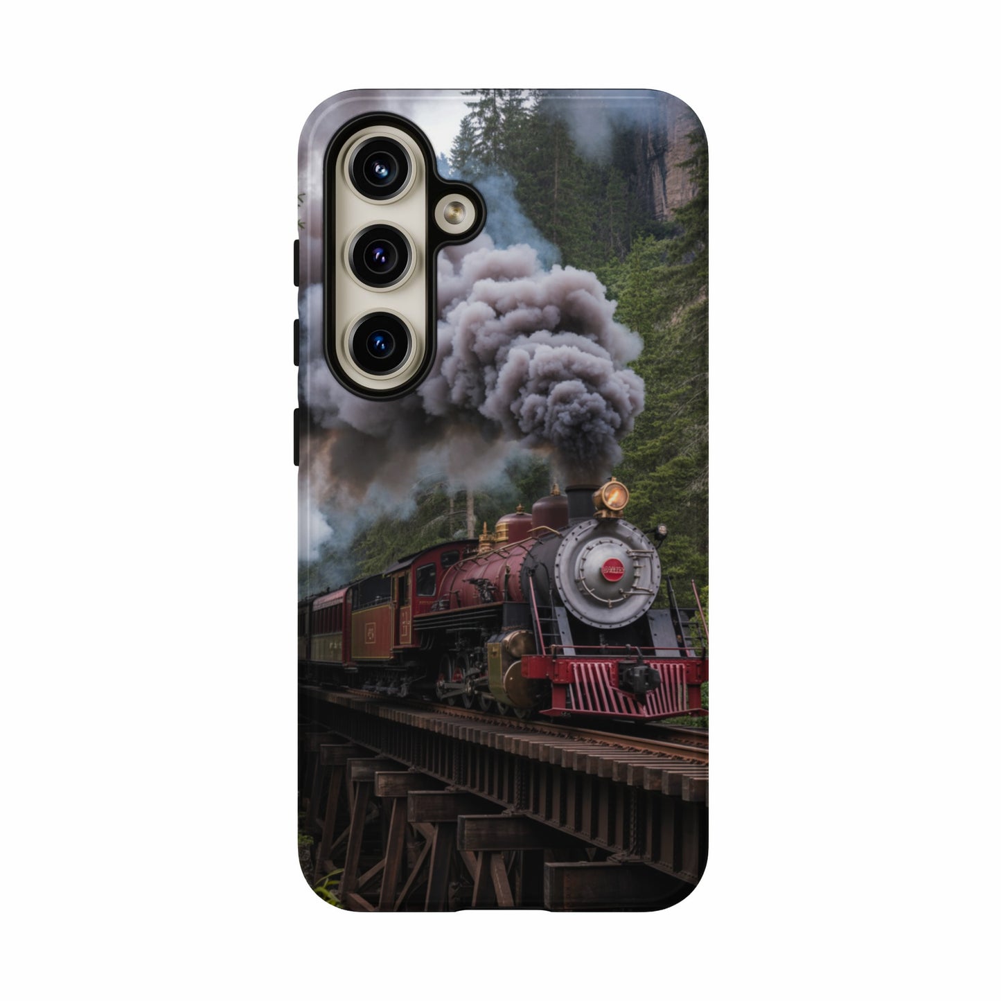 Red steam train crossing a wooden bridge in a forest.