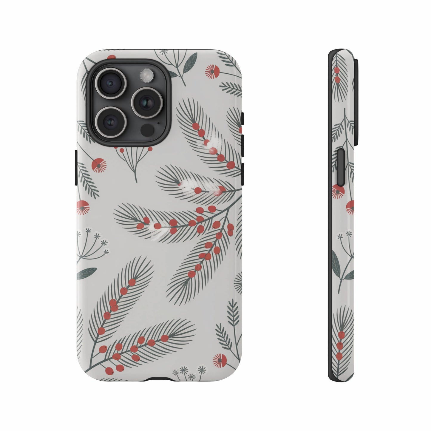 Two views of a phone case with a green pine branch and red berry pattern.