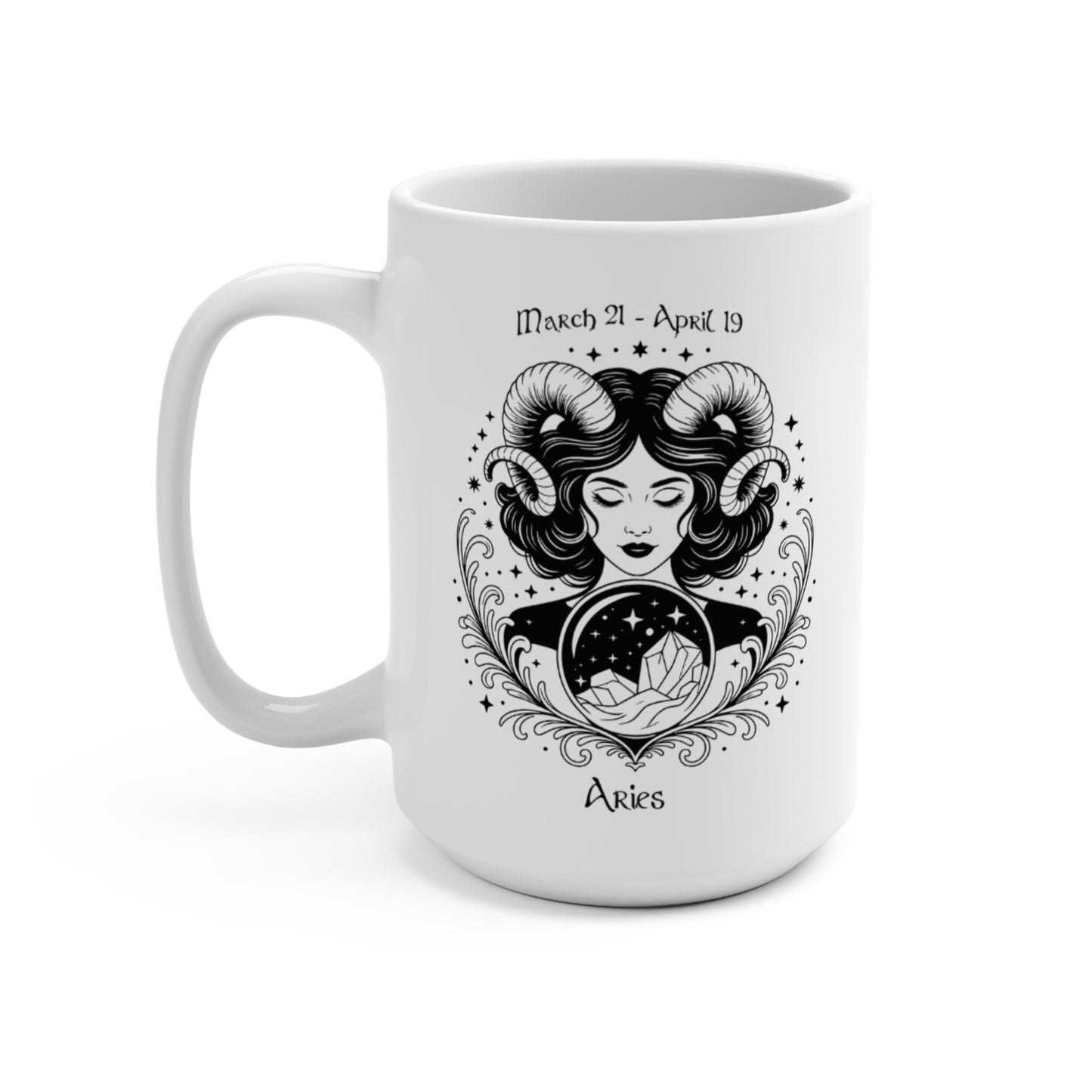Aries Zodiac Goddess Mug with celestial ram design and March 21 - April 19 dates