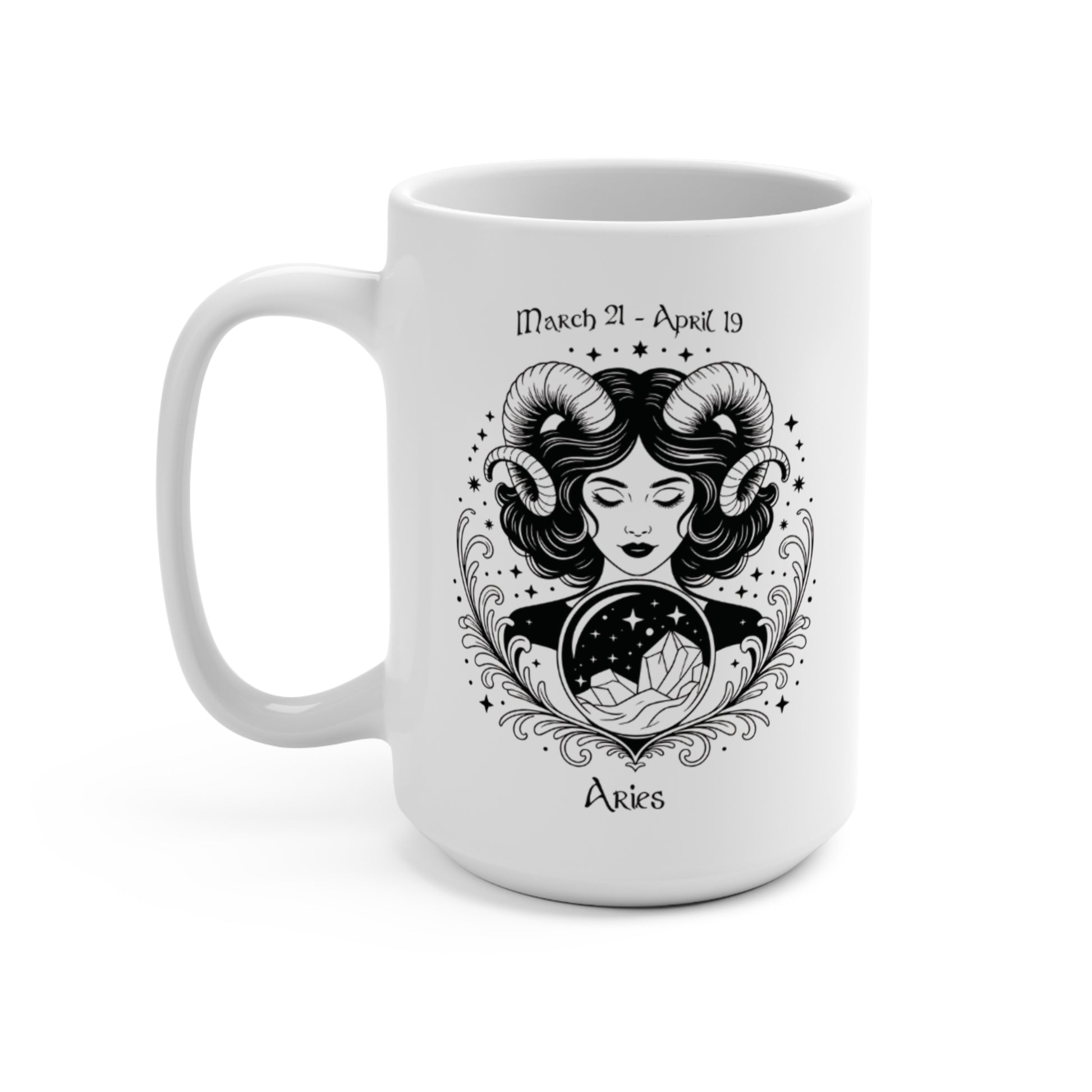 Aries Zodiac Goddess Mug with celestial ram design and March 21 - April 19 dates