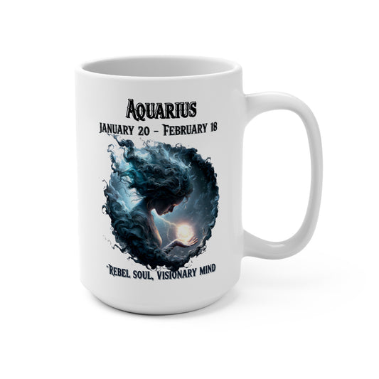 Mug with Aquarius zodiac design and text on a white background
