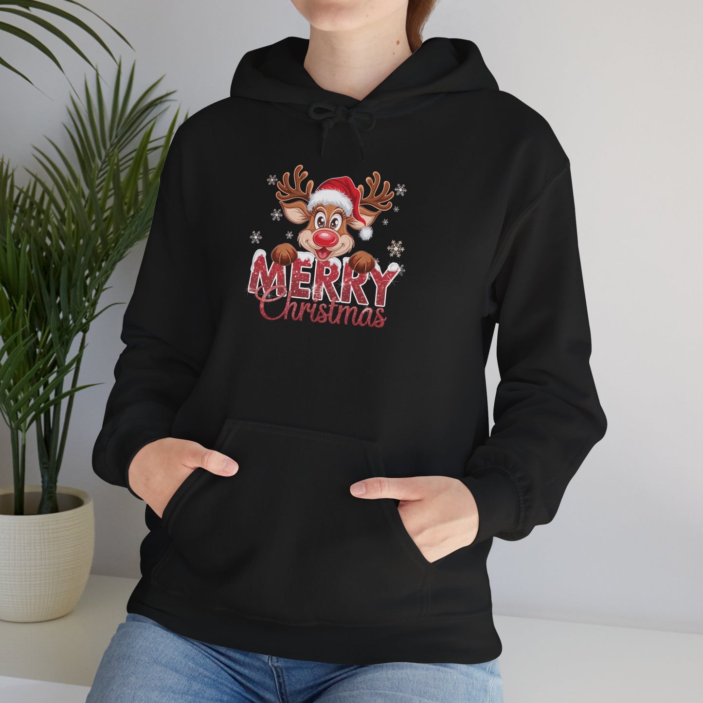 Embroidered Christmas Reindeer Hoodie – Merry Christmas Cute Holiday Sweatshirt
