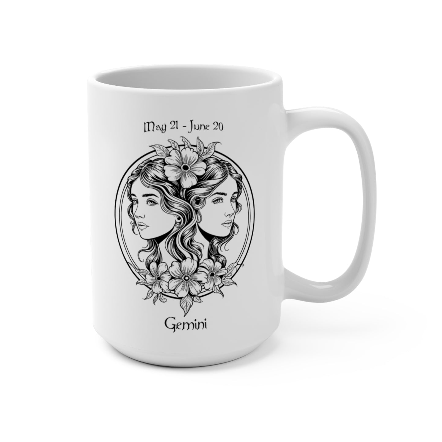 Gemini Zodiac Goddess Mug with celestial twins design and May 21 - June 20 dates

