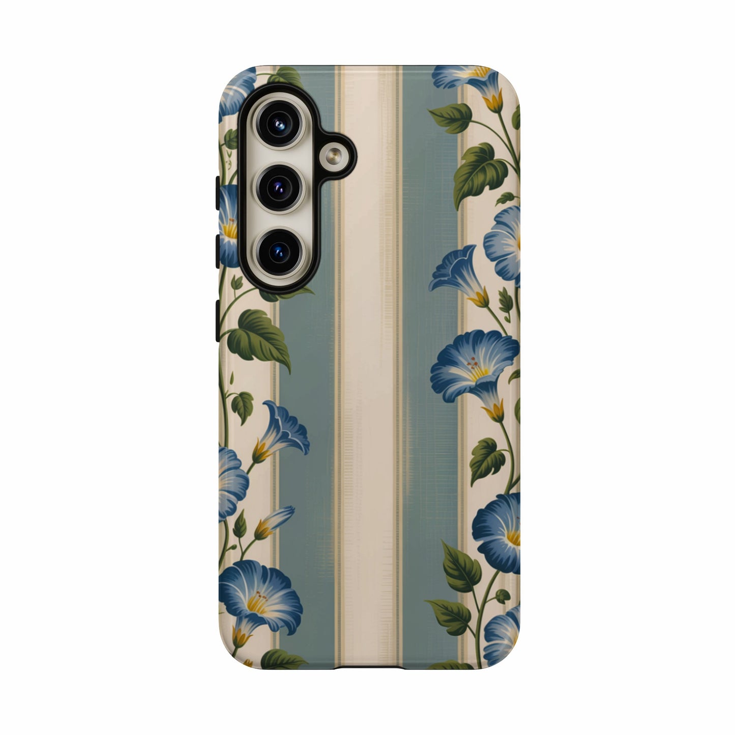 Phone case with blue morning glories on a striped background.