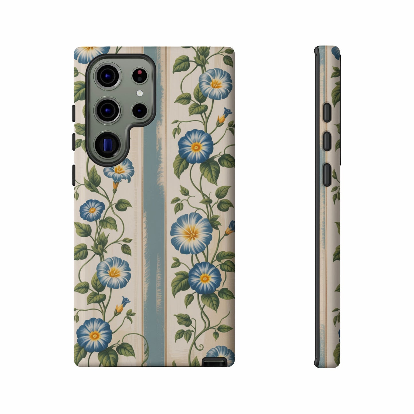 Floral wallpaper pattern with blue and yellow morning glories on a smartphone case.