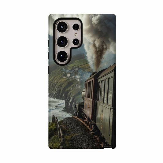 Vintage train with smoke travels along a coastal cliffside.