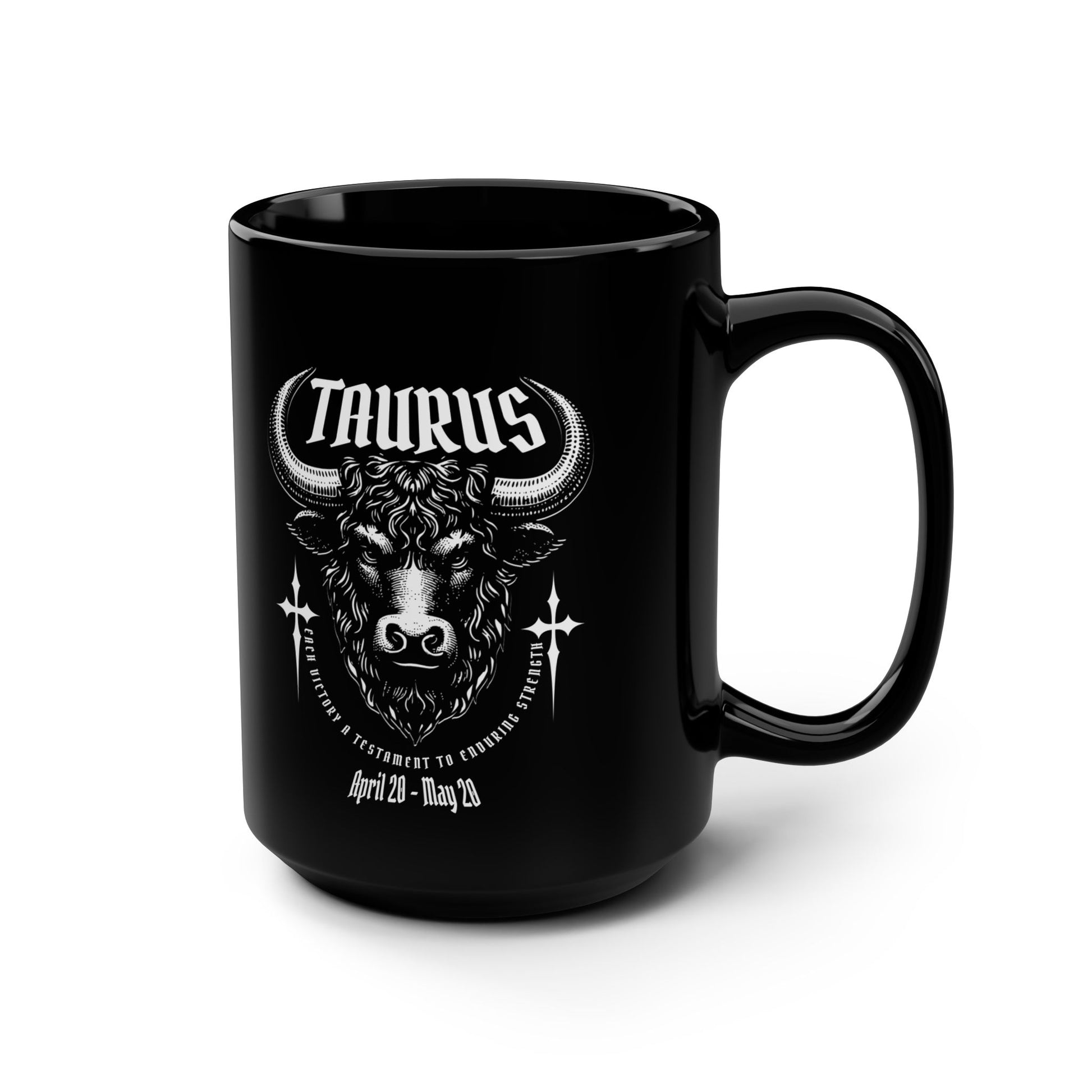 Black mug with Taurus zodiac design on a white background