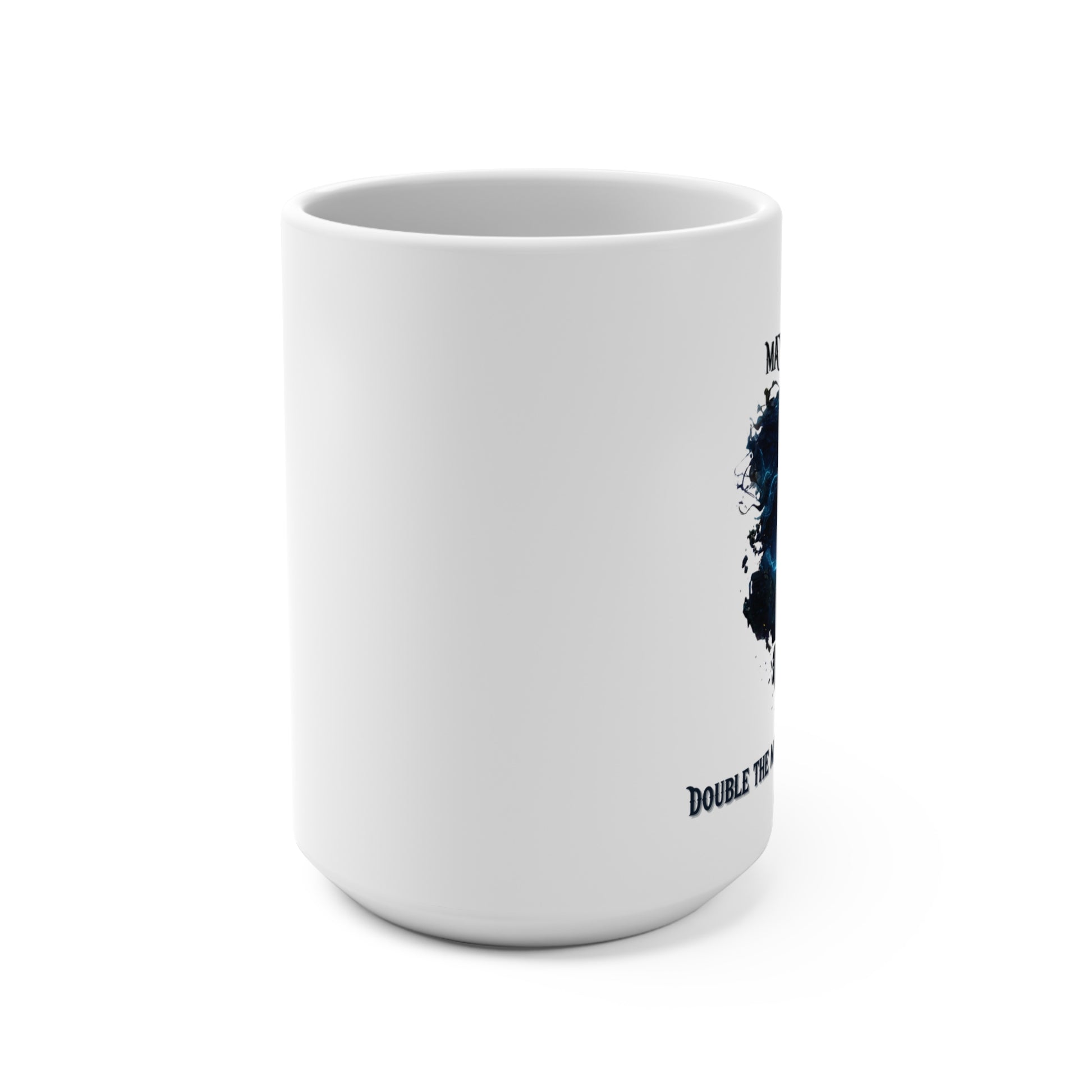 White mug with a small logo on a white background