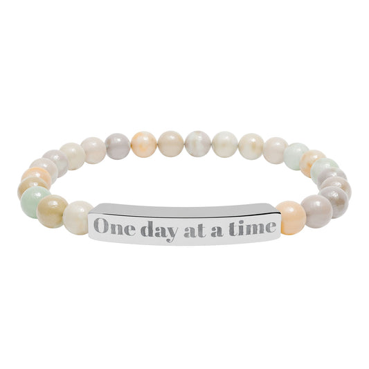 Engraved Natural Stone Stretch Bracelet — "One Day at a Time" Bar Jewelry