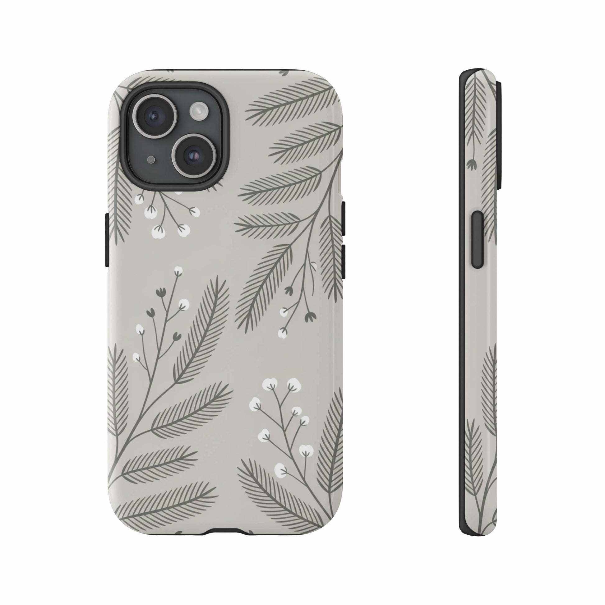 Two phone cases, one front view and one side view, with a neutral gray background and floral pattern.