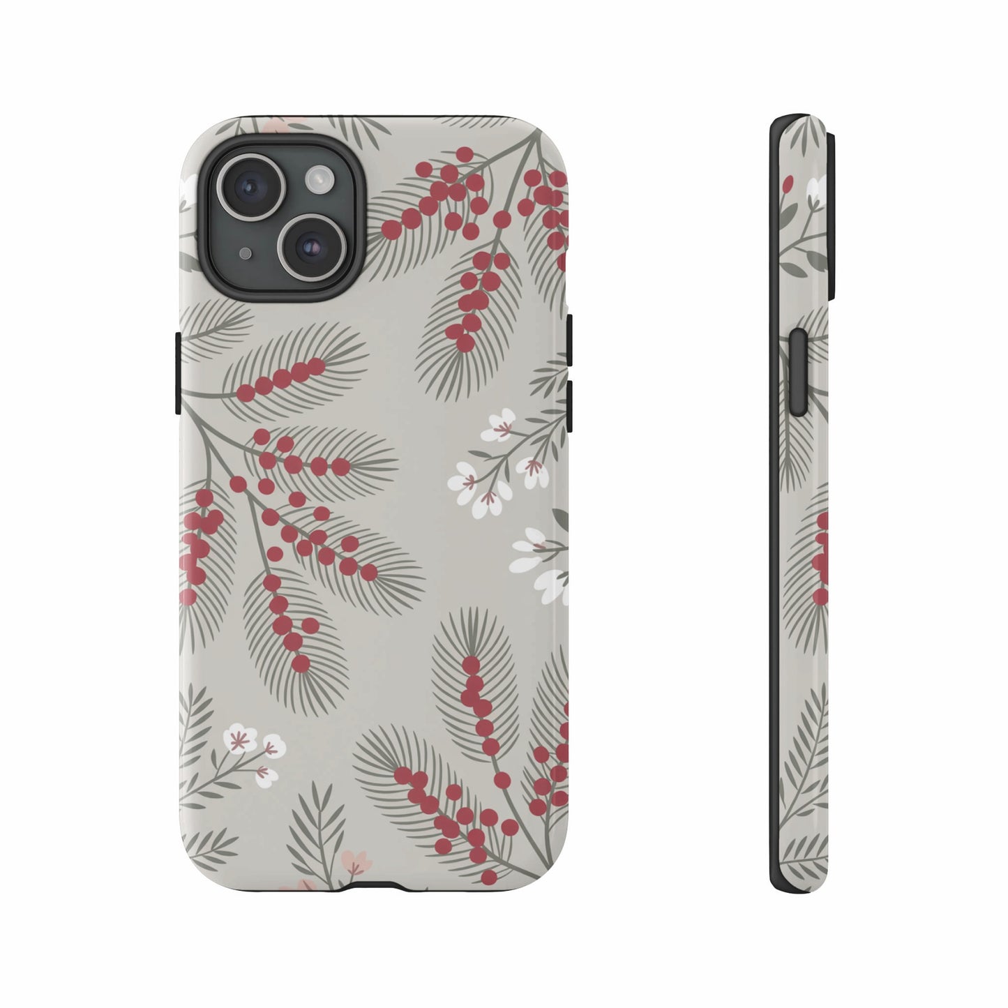 iPhone case with red berries and pine needles on a beige background.