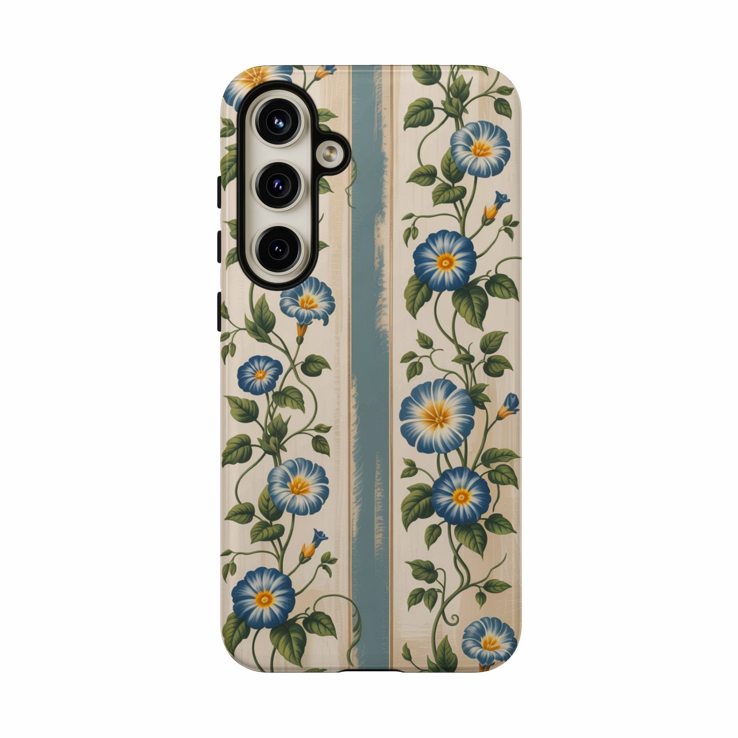 Phone case with blue morning glories on a striped wood grain background.