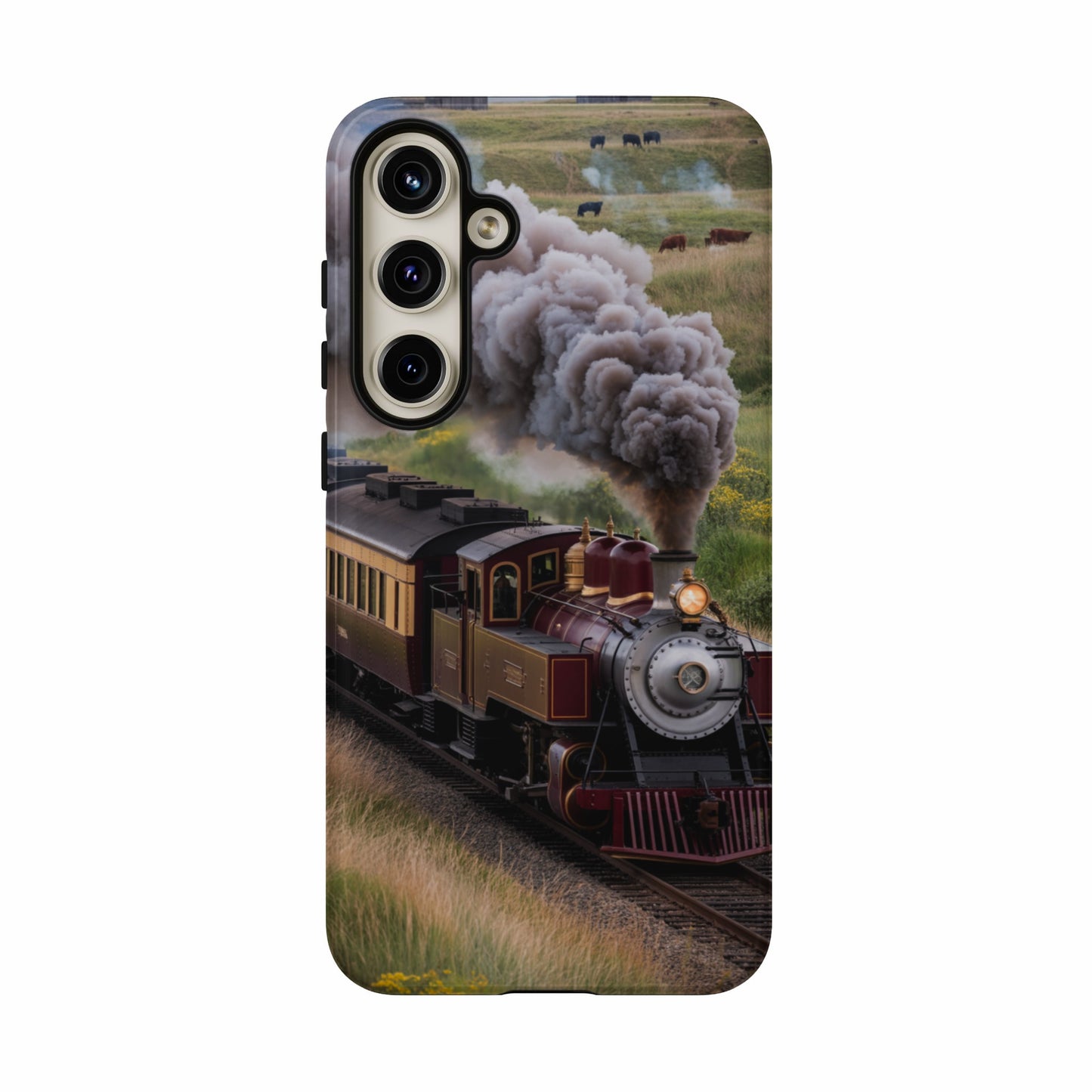 Vintage steam train with smoke billowing, traveling through a grassy field.