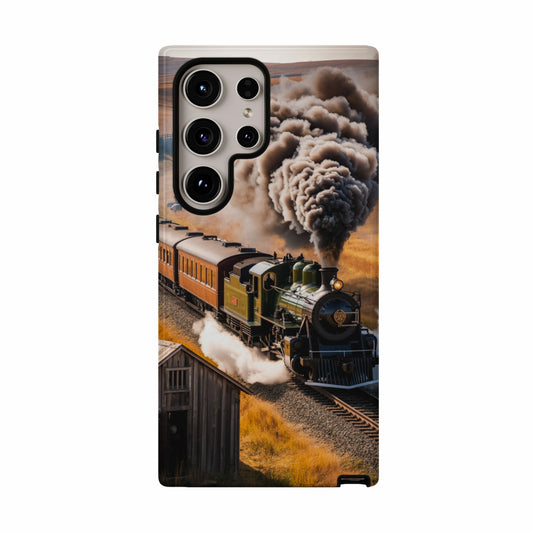 Vintage green steam train chugging through a rural landscape.