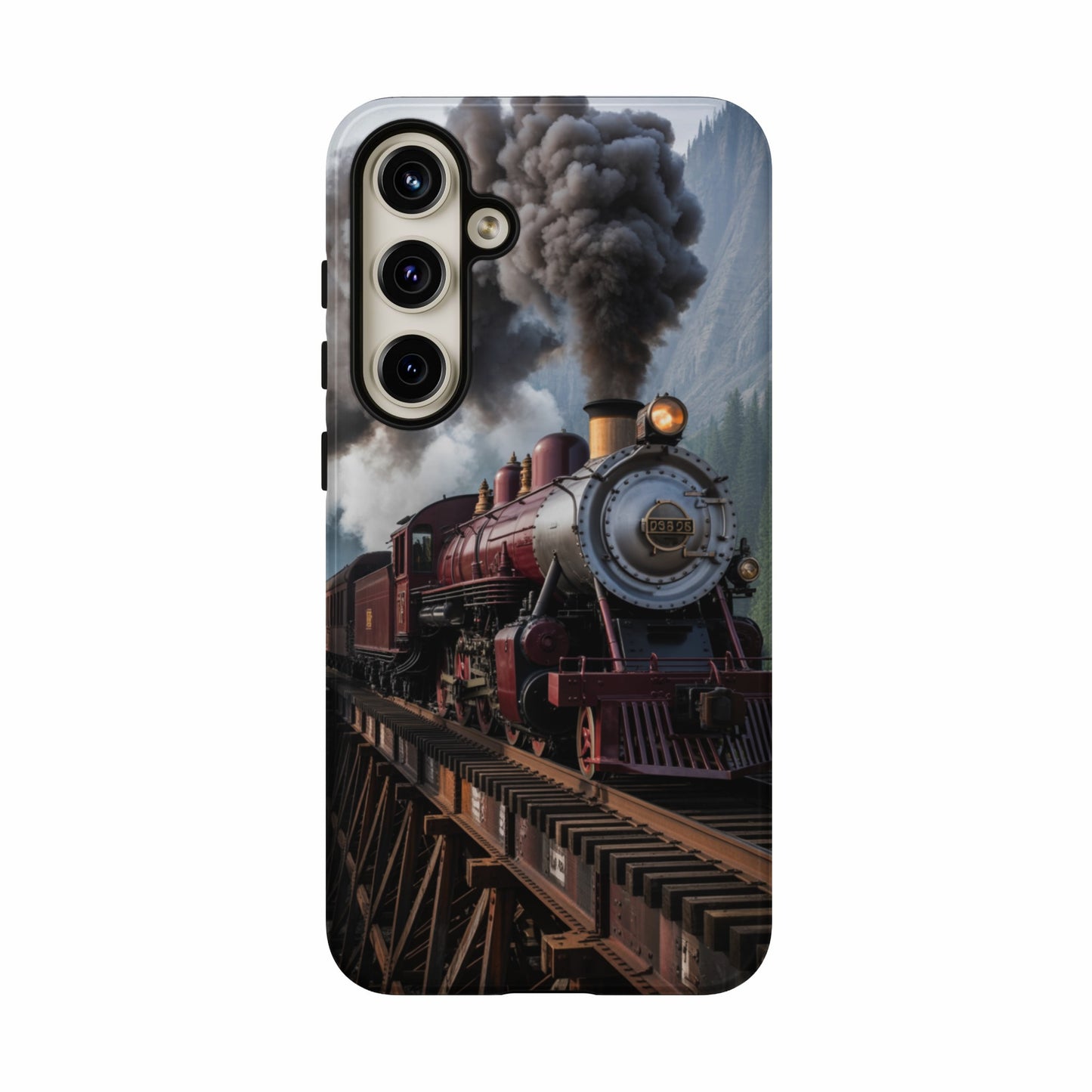 Vintage steam locomotive with number 2352 crosses a trestle bridge.