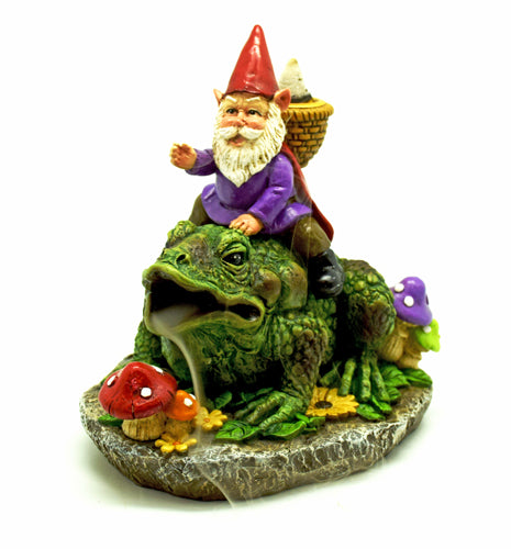 Gnome Riding Frog Backflow Incense Burner - 5.5" Whimsical Fantasy Décor