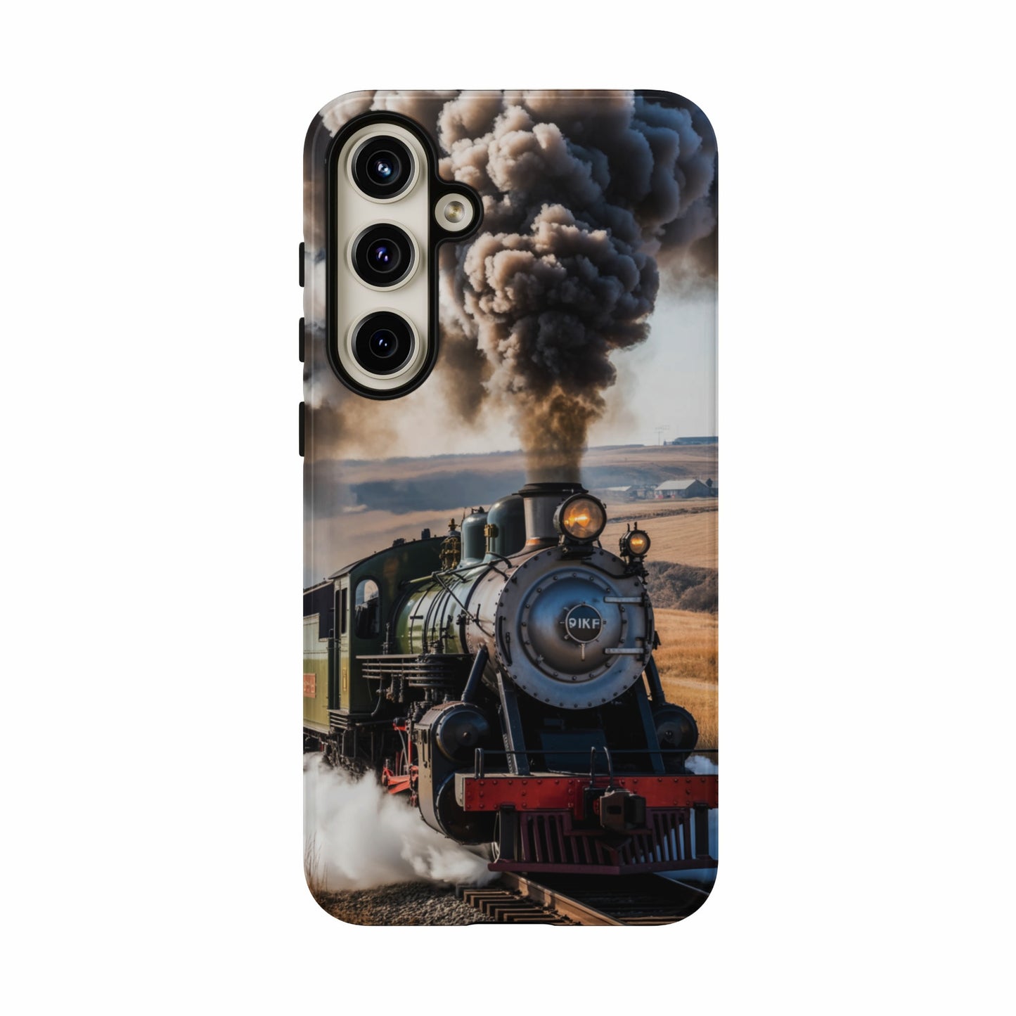 Steam train with billowing smoke at a rural station.