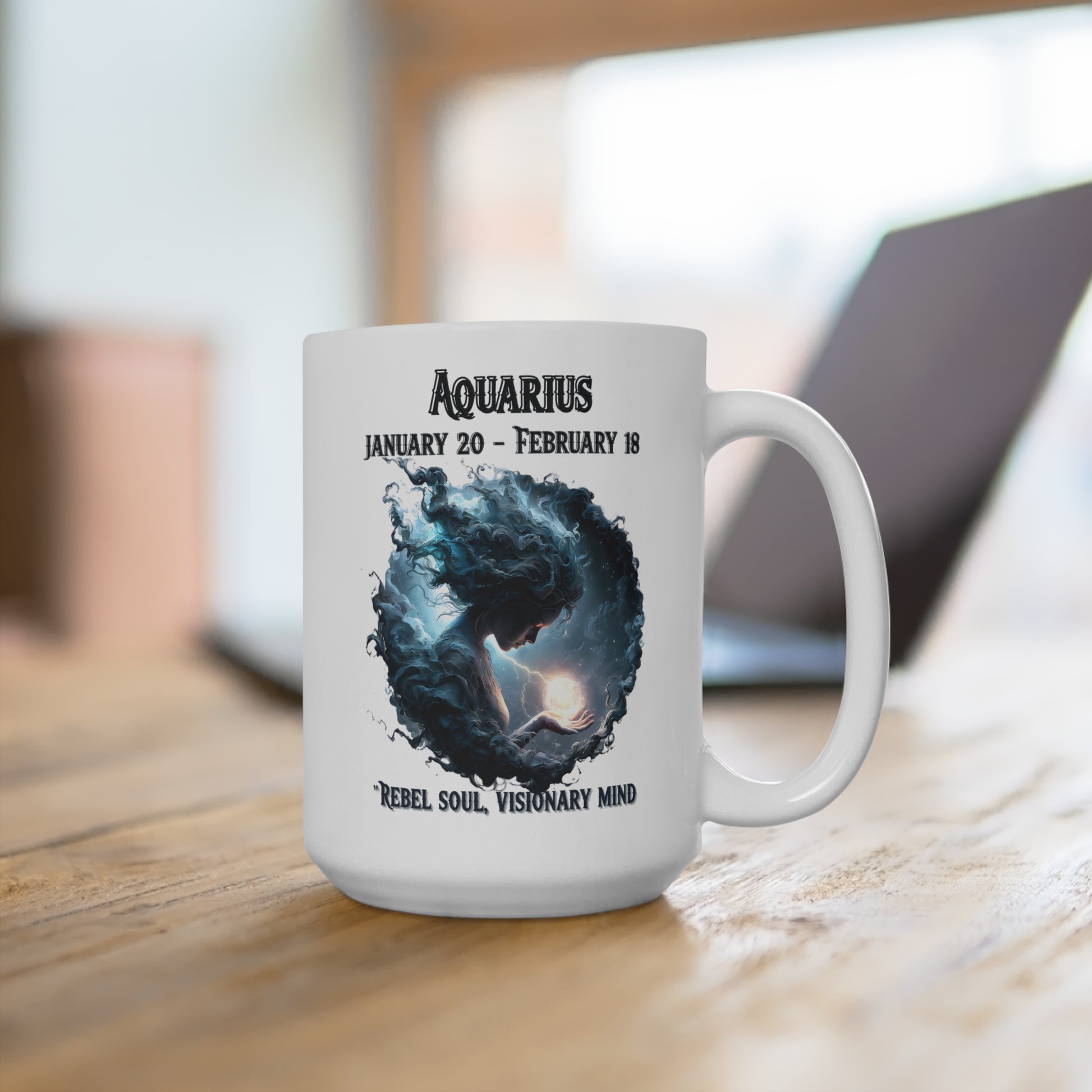 White mug with Aquarius zodiac design on a wooden surface
