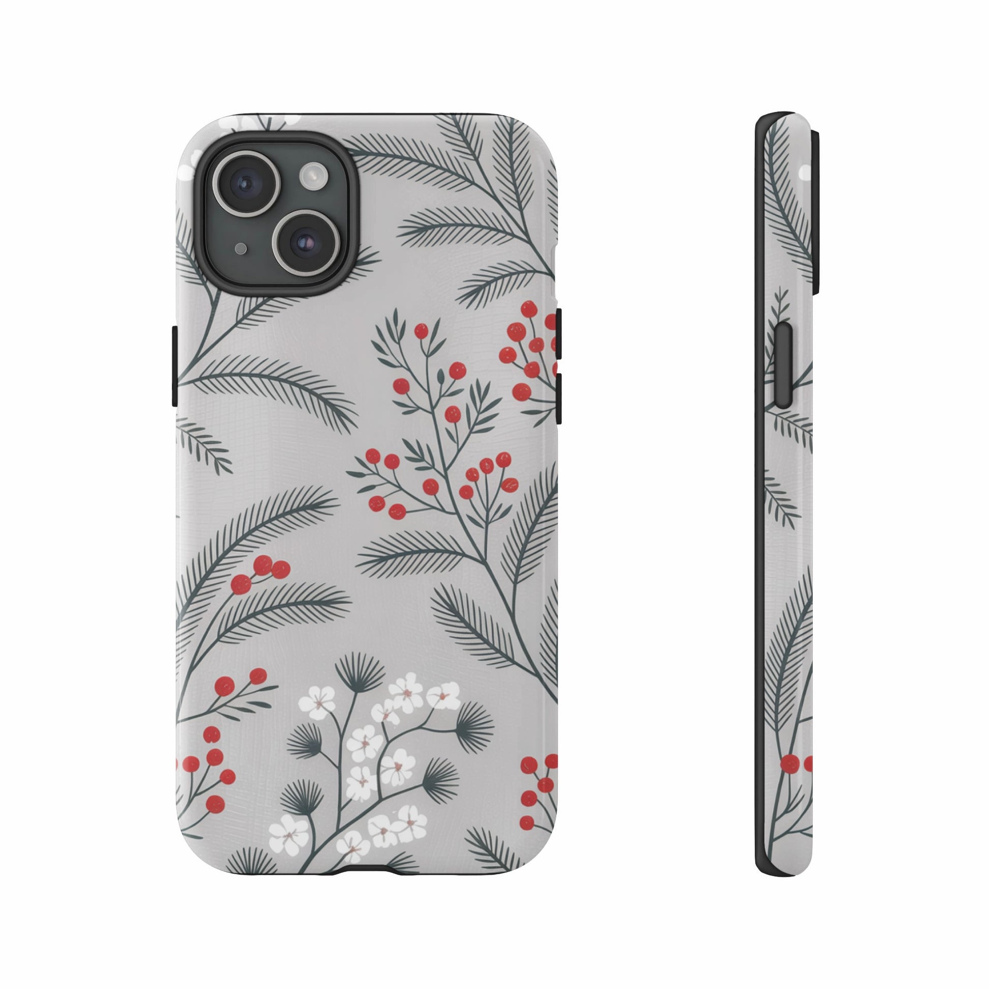 Phone case with a botanical print of red berries and white flowers on a gray background.