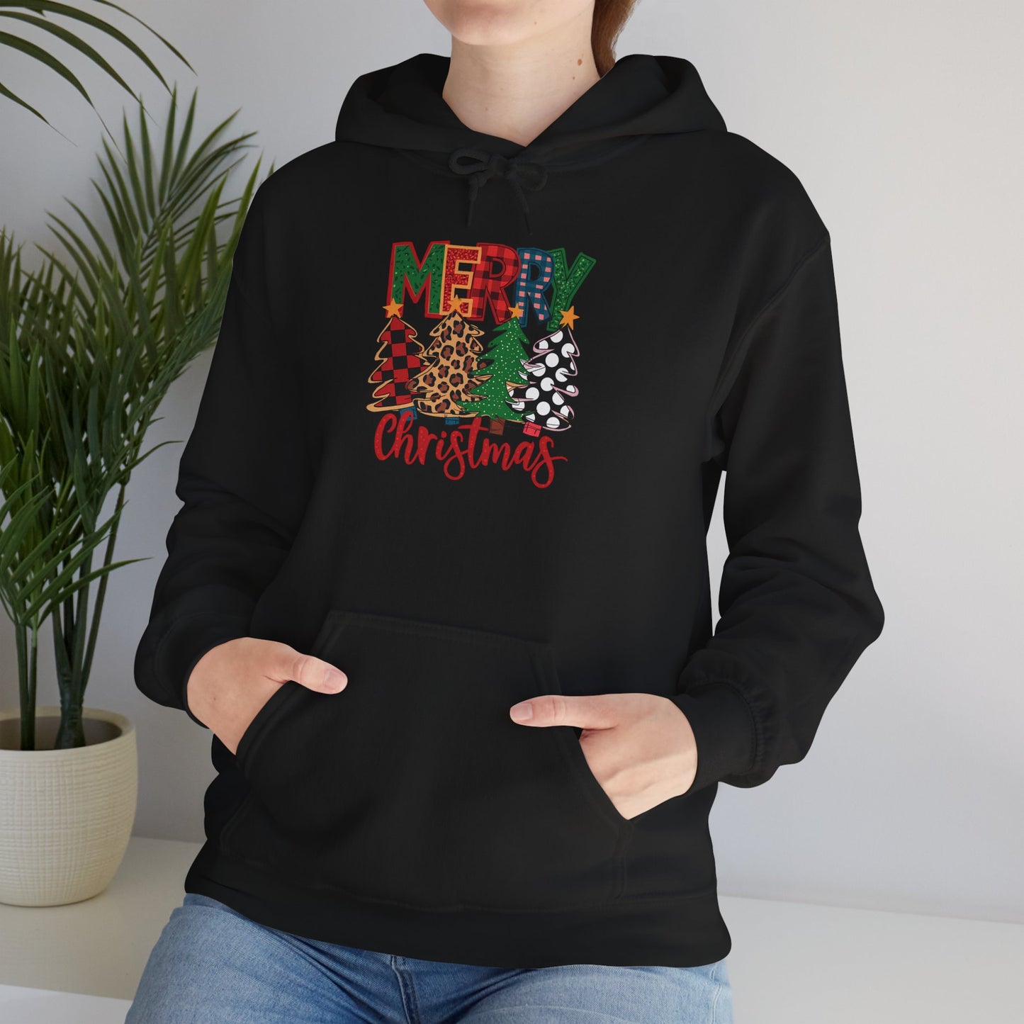 Embroidered Christmas Trees 'Merry Christmas' Hoodie - Holiday Plaid & Buffalo Check