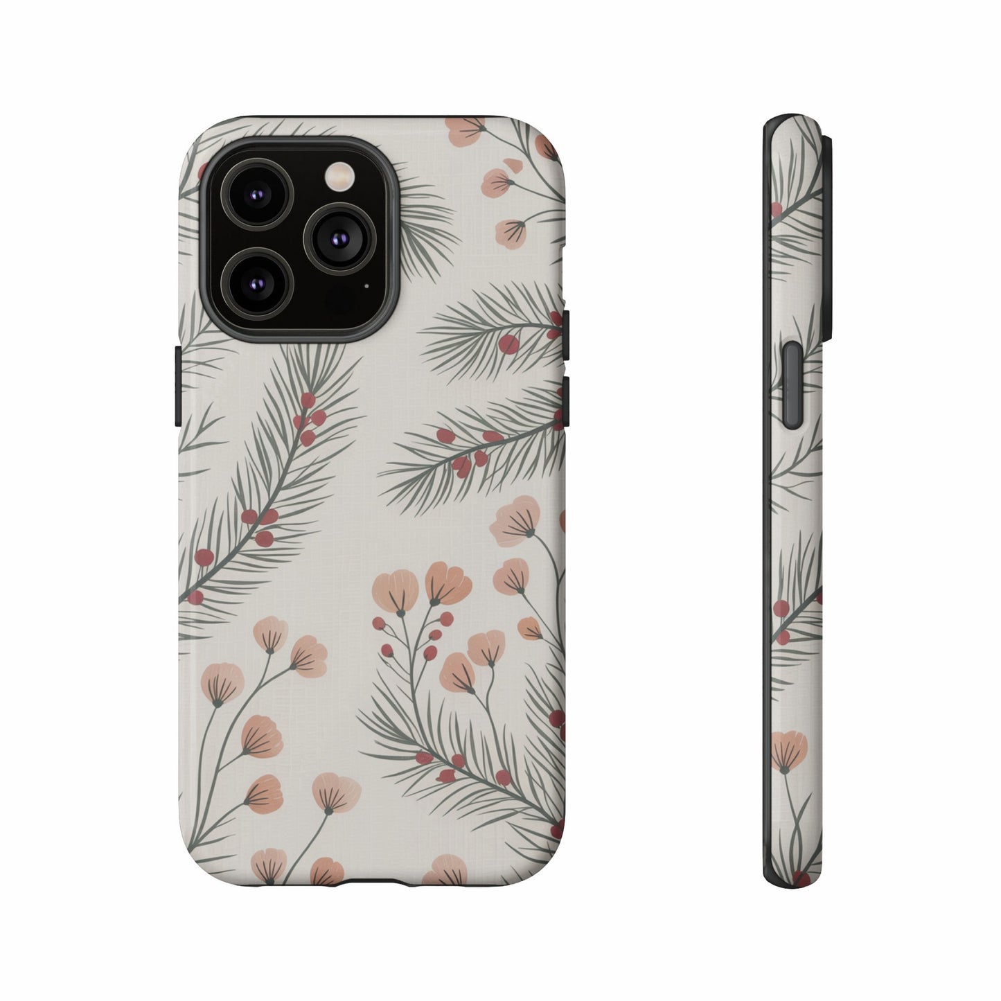 Phone case with a delicate floral and pine branch pattern on a beige background.