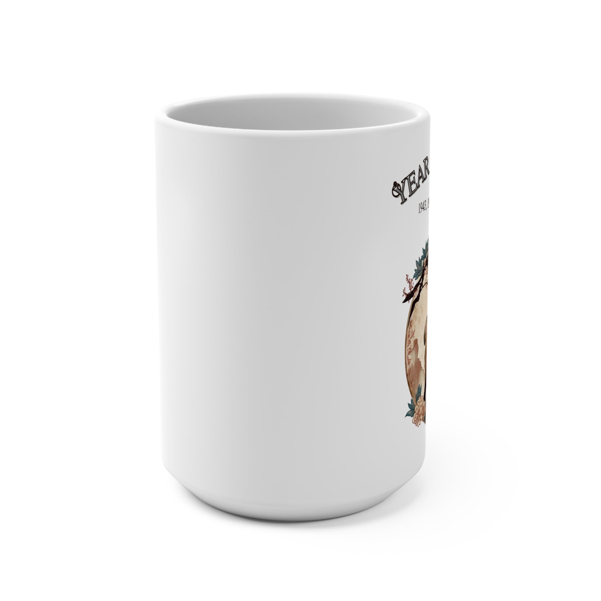 White mug with a printed design on a white background