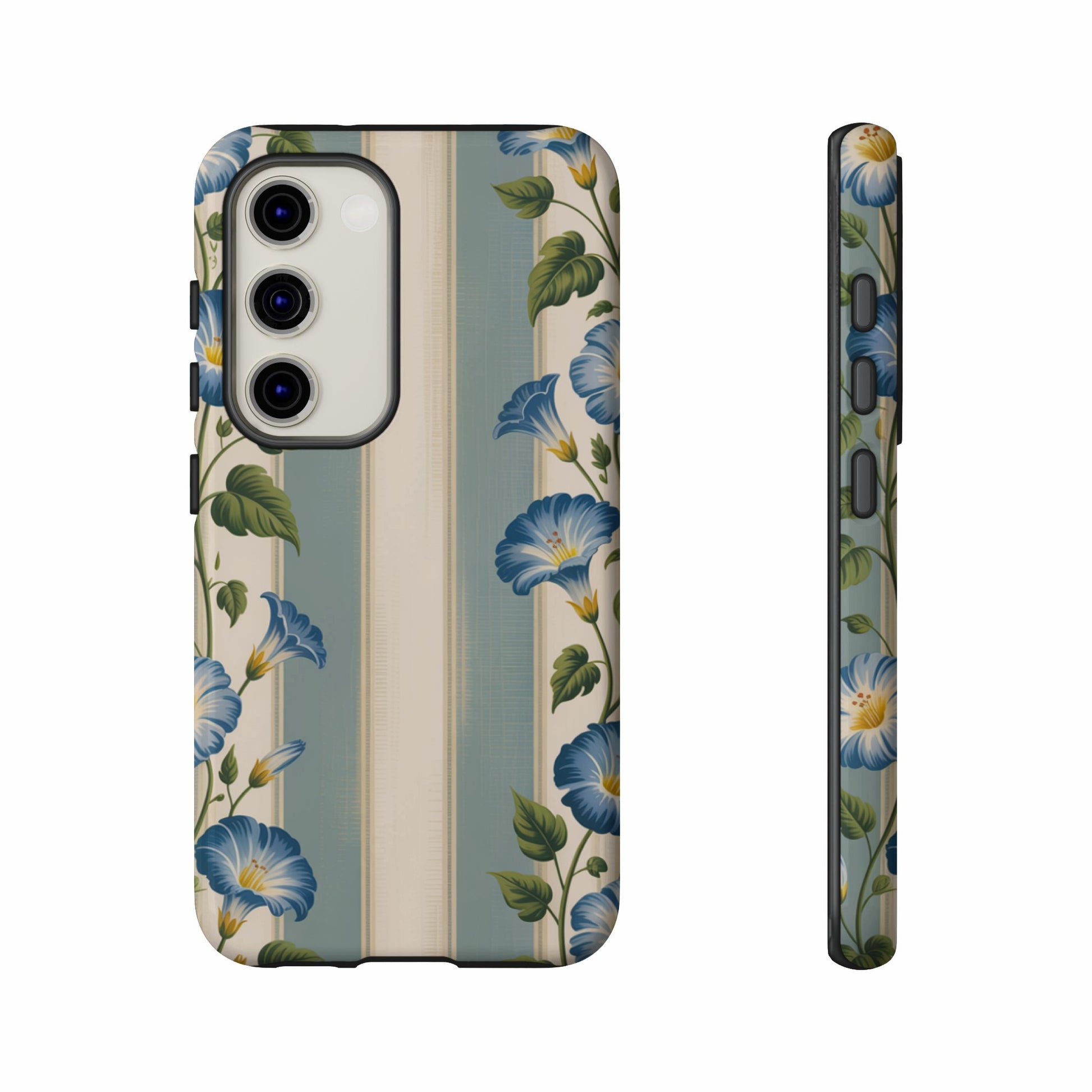 Floral morning glory pattern on a dual-view smartphone case.