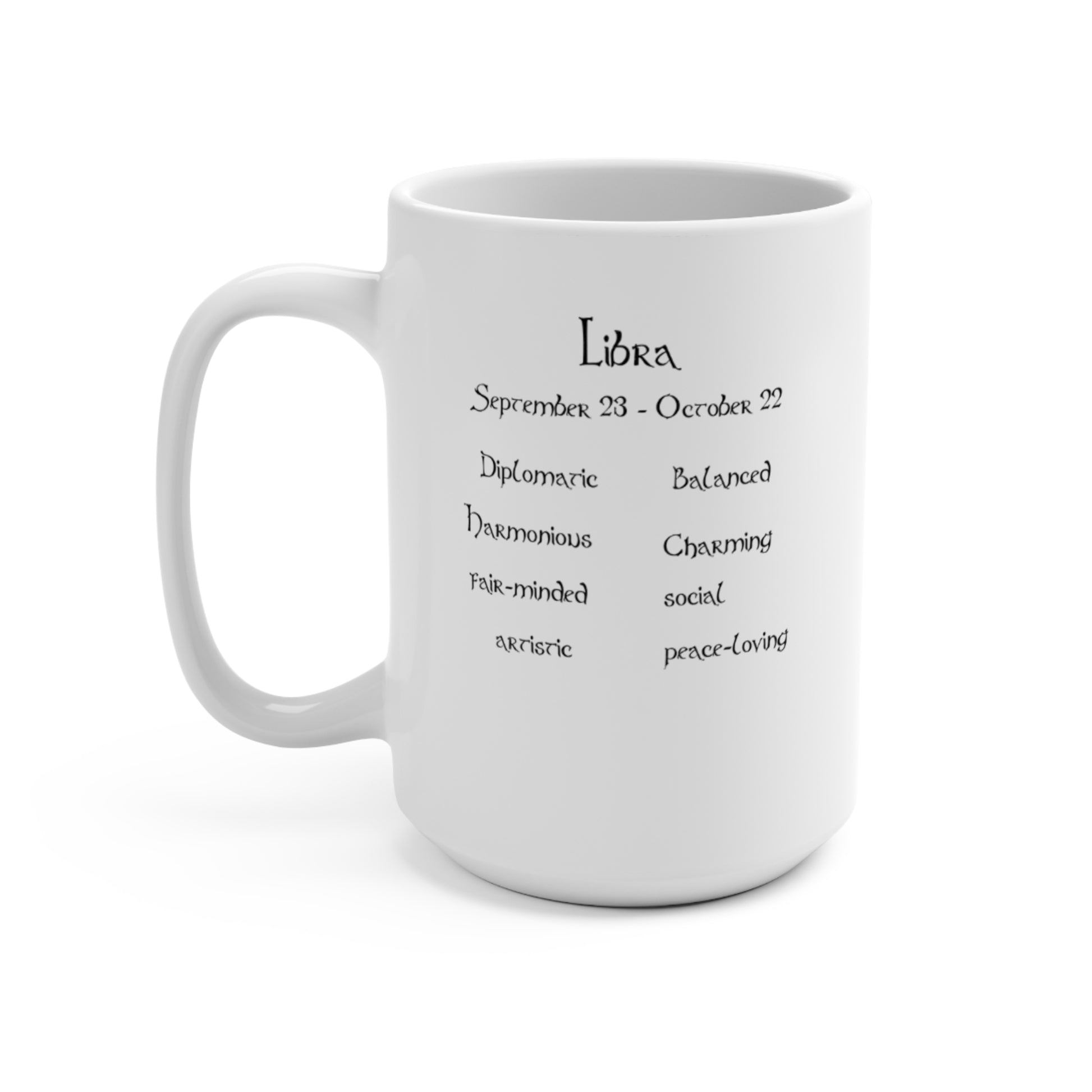 White mug with Libra zodiac text on a white background