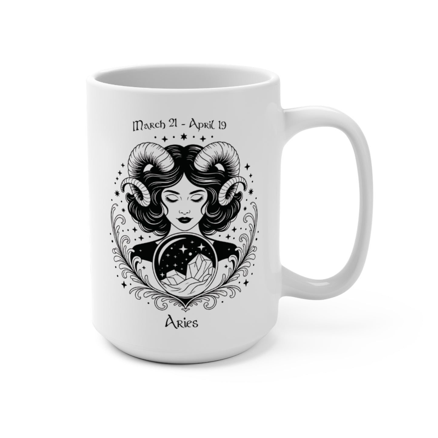 White mug with Aries zodiac design featuring a woman with ram horns on a white background