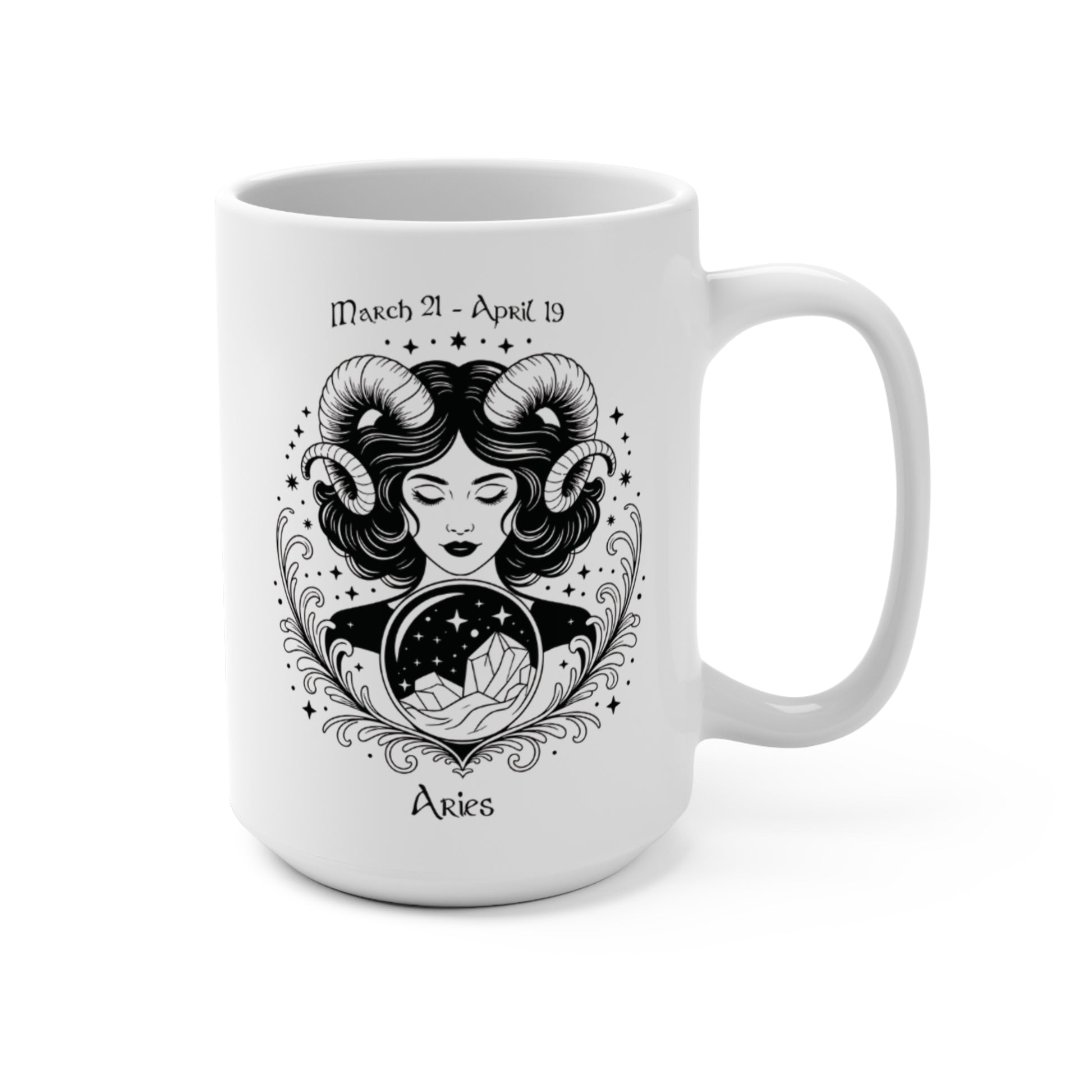 White mug with Aries zodiac design featuring a woman with ram horns on a white background