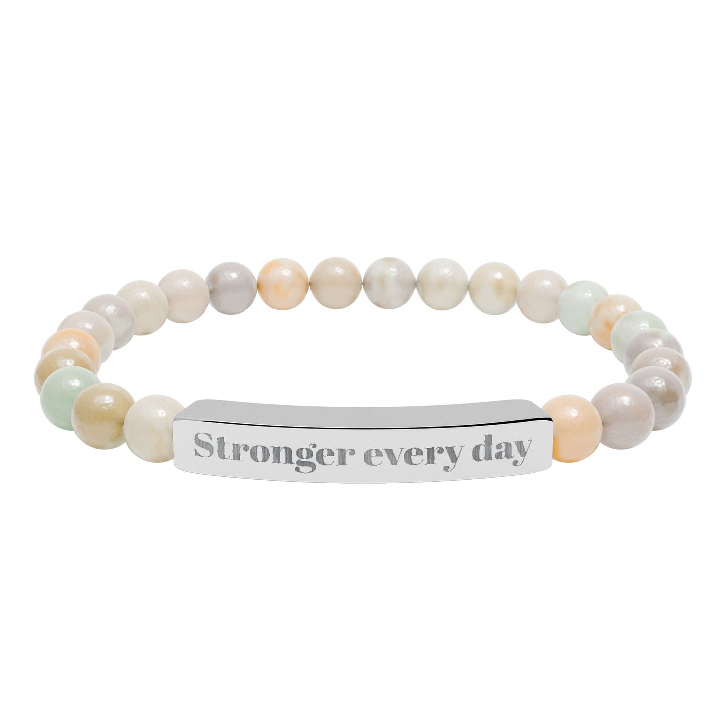 Engraved Natural Stone Stretch Bracelet — 'Stronger Every Day' Beaded Bar Bracelet