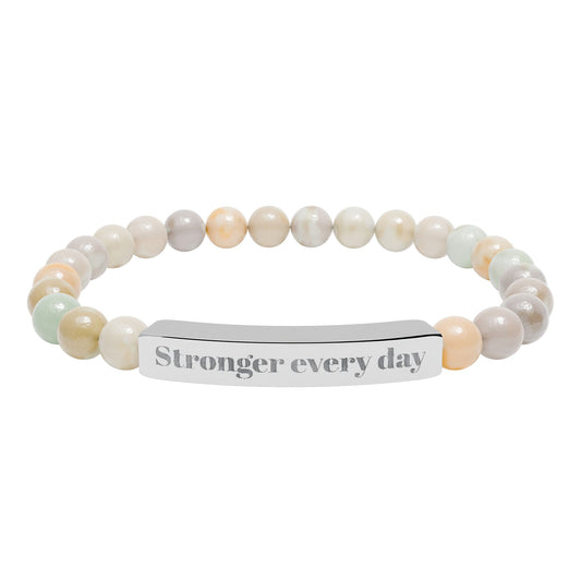 Engraved Natural Stone Stretch Bracelet — 'Stronger Every Day' Beaded Bar Bracelet