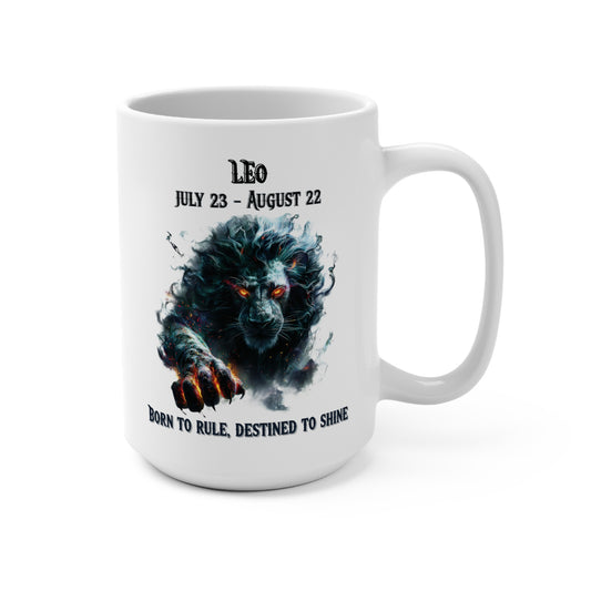 Mug with Leo zodiac design and text on a white background