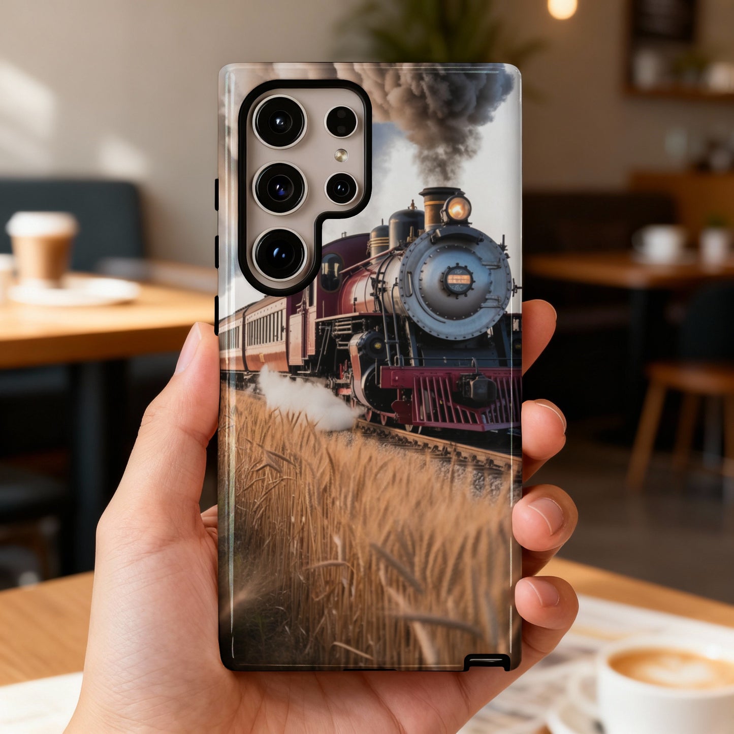 Phone case with steam train passing through a wheat field.