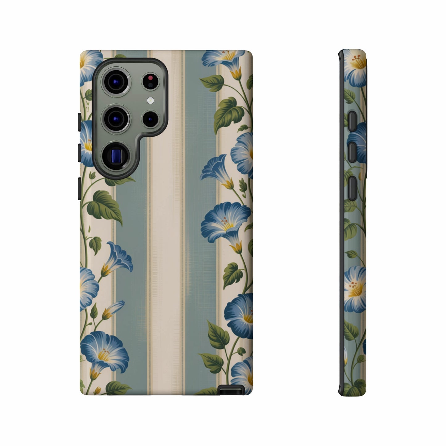 Phone case with blue floral pattern on striped background, front and side views.