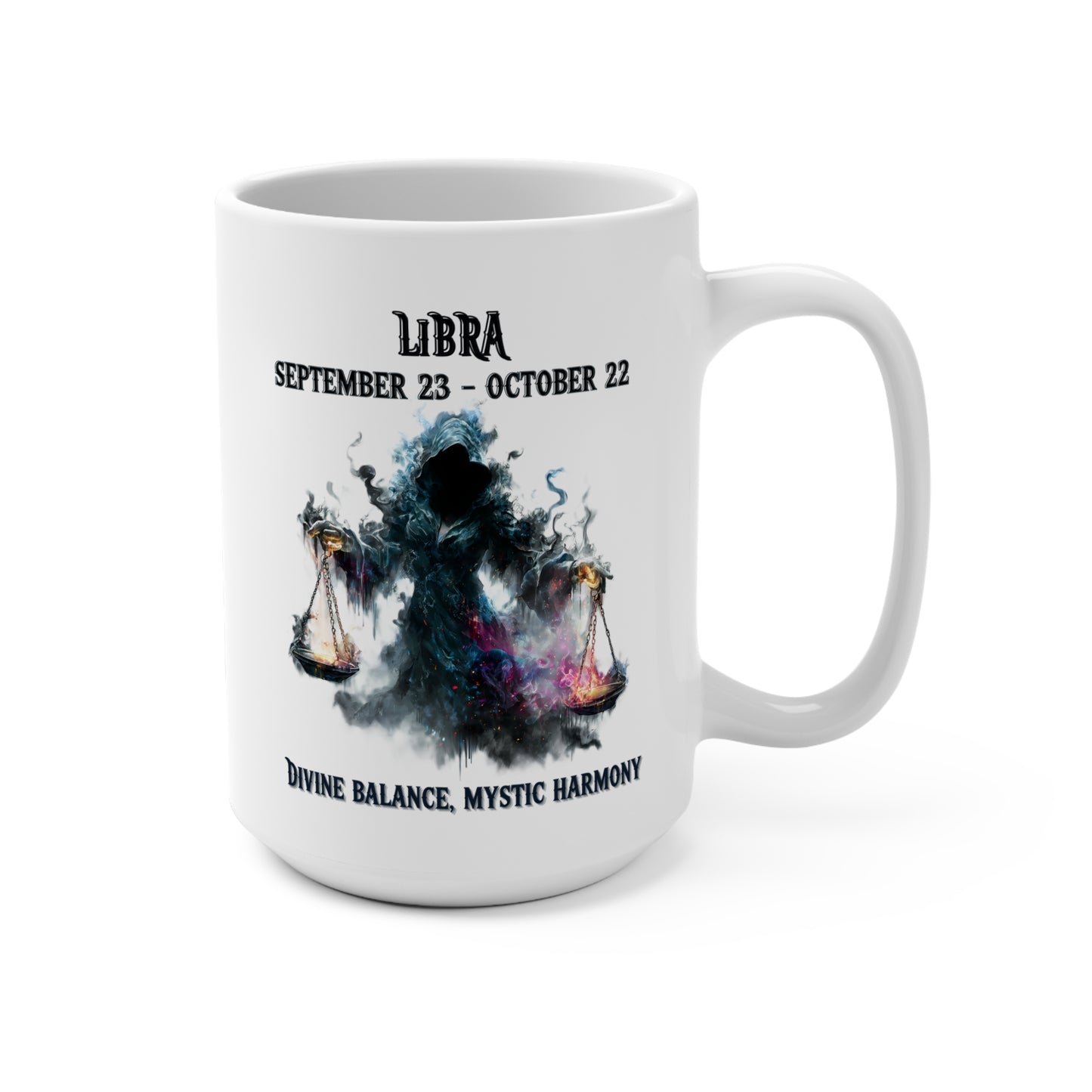 White mug with Libra zodiac design and text on a white background