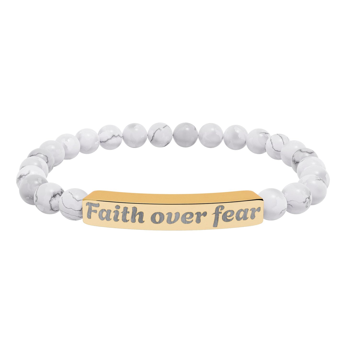 Faith Over Fear Natural Stone Stretch Bracelet — Engraved Beaded Bar Bracelet