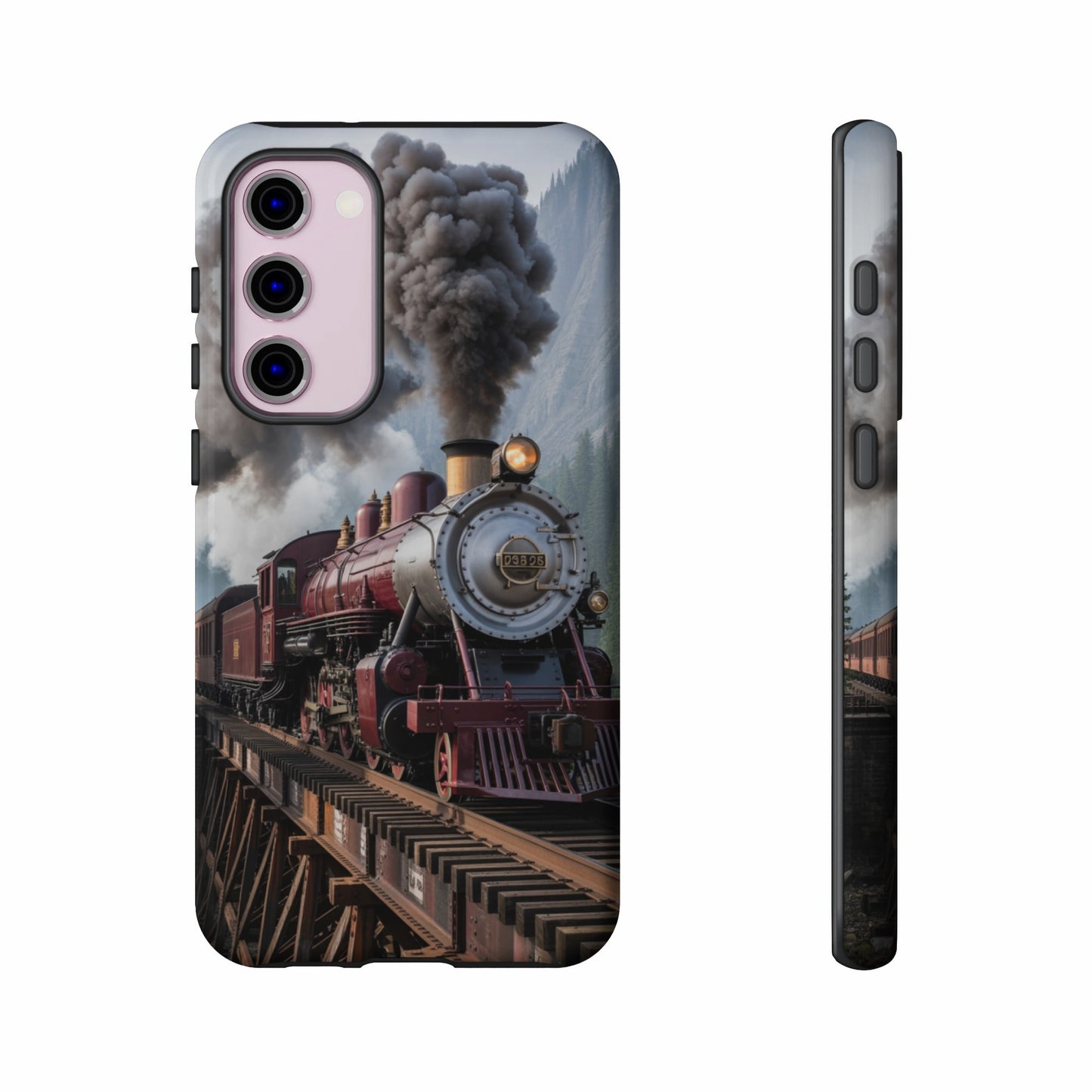 Red steam locomotive on a wooden trestle bridge, smoke billowing.