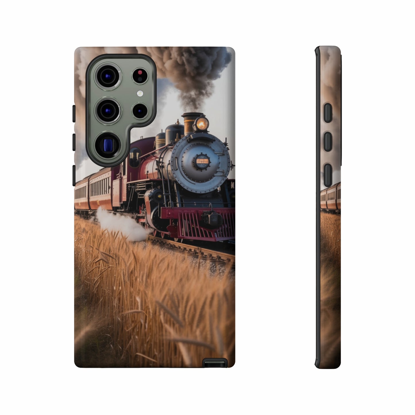 Smartphone case with vintage steam train and wheat field graphic.