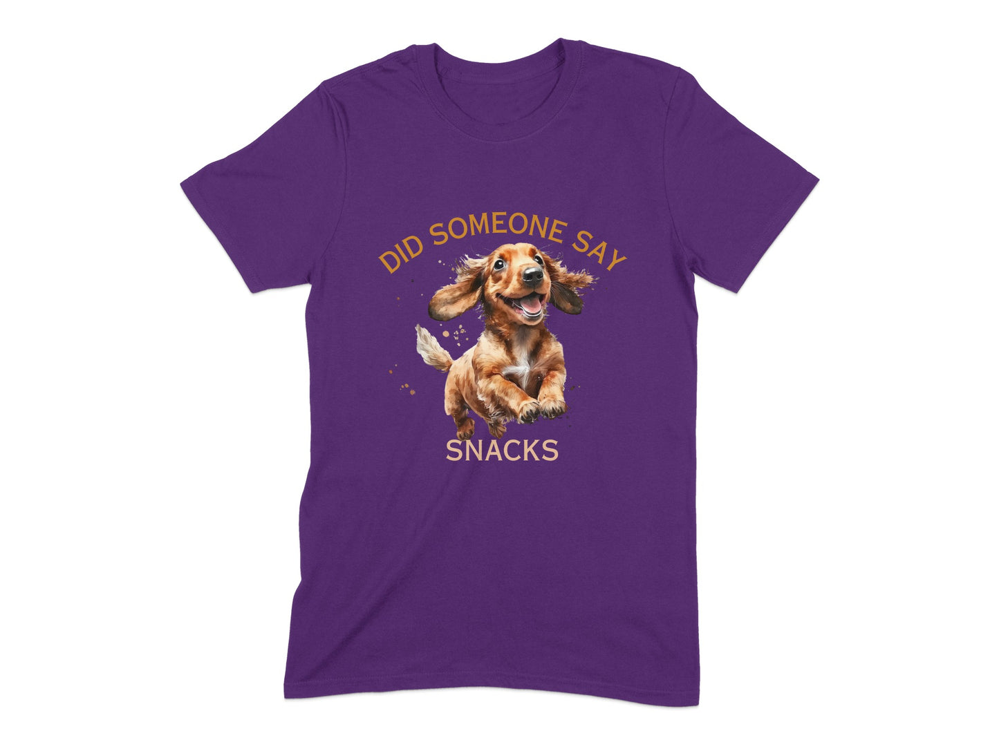Purple t-shirt with dachshund jumping and text "DID SOMEONE SAY SNACKS".
