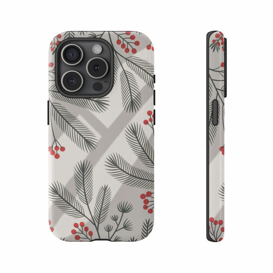 Phone case with pine needles and red berries pattern, shown from front and side.