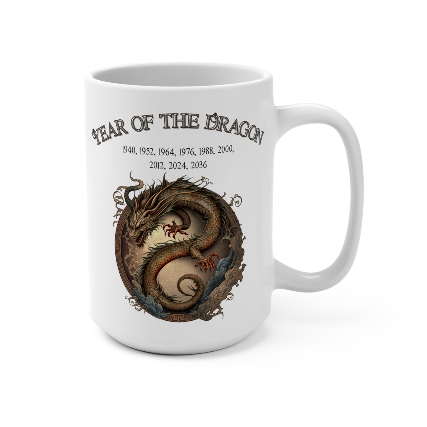 White mug with dragon design and 'Year of the Dragon' text on a white background