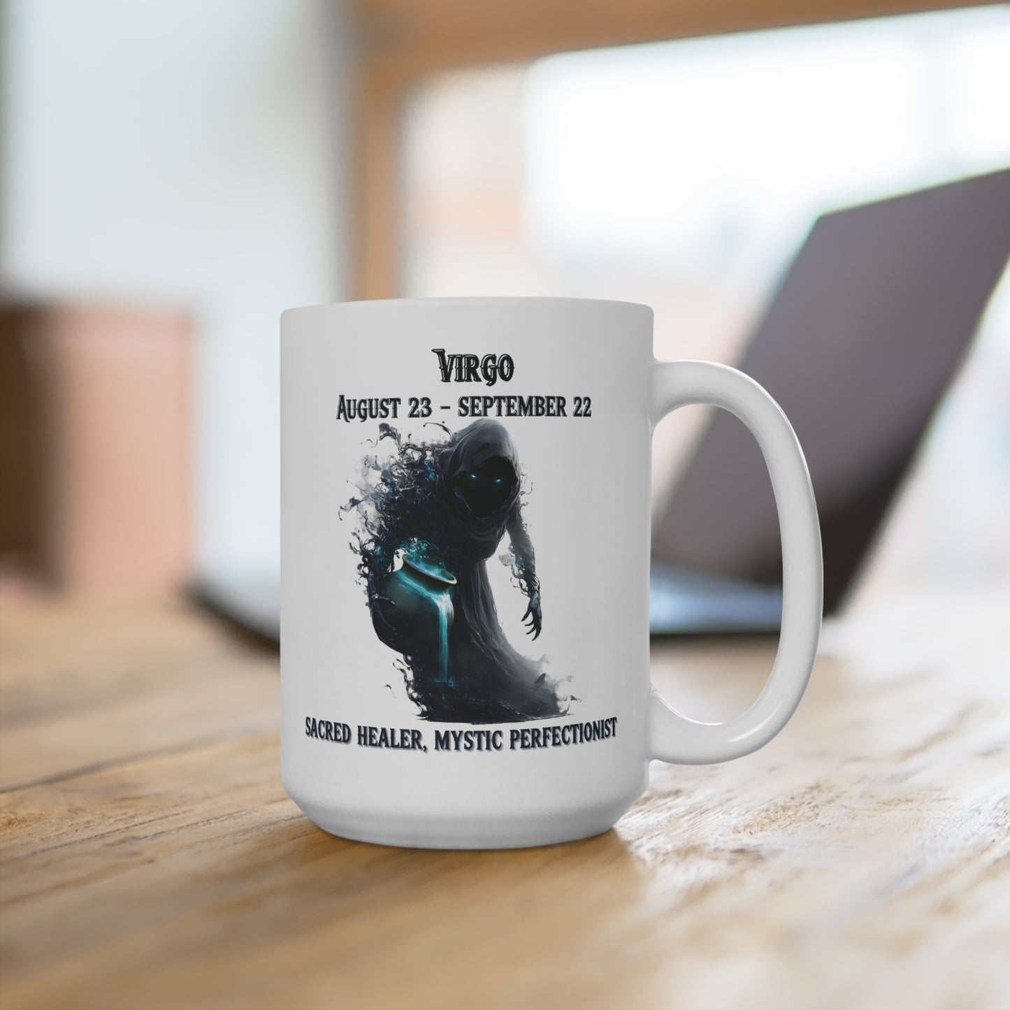 White mug with Virgo zodiac design on a wooden surface